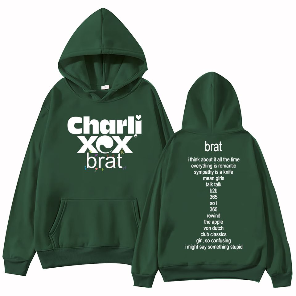 Charli Xcx Brat 2024 Tour Hoodie, Unisex Harajuku Pullover Tops Long Sleeve Hoodies, Muisc Tour Fans Gift