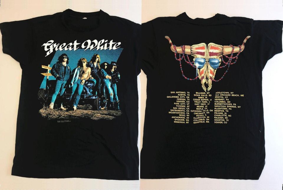 New Great White 1991 Hooked Tour T-Shirt, Vintage 1991 Great White Hard Rock Band Tour Concert Tee