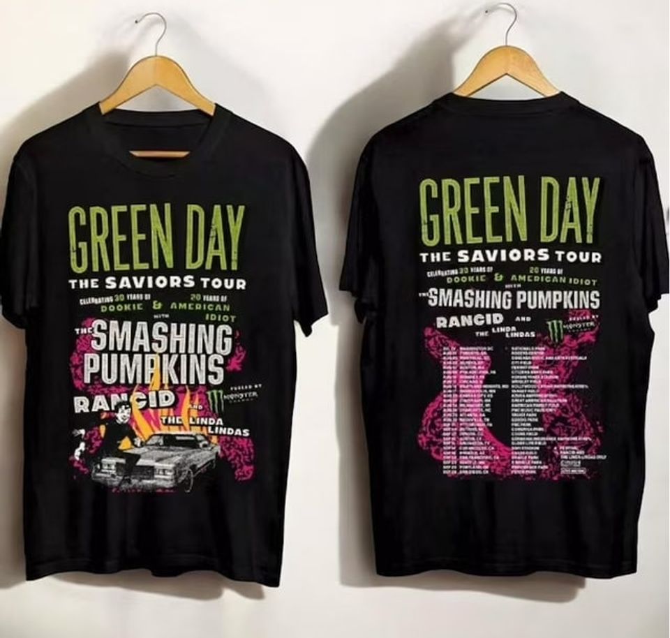 New Green Day The Saviors Smashing Pumpkins 2024 Tour Concert 2 Side T-Shirt Black, Green Day The Saviors Concert T-Shirt, Green Day Tour 2024