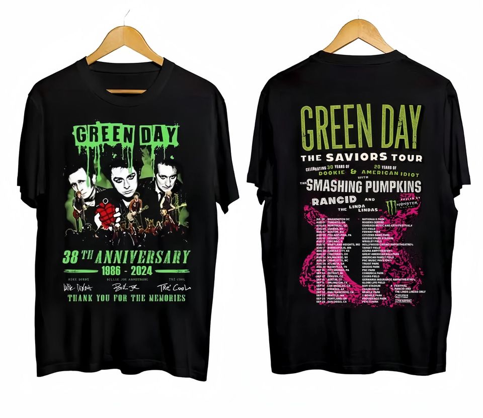 New Green Day The Saviors Smashing Pumpkins 2024 Tour Concert 2 Side T-Shirt Black, Green Day The Saviors Concert T-Shirt, Green Day Tour 2024