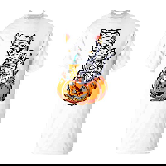 Kawaii Mummy Cat Drinking Boba Tea Halloween Pumpkin T-Shirt