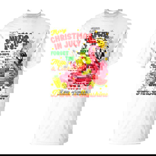 Merry Christmas In July Drink And Sunshine Flamingo Womens T-Shirt