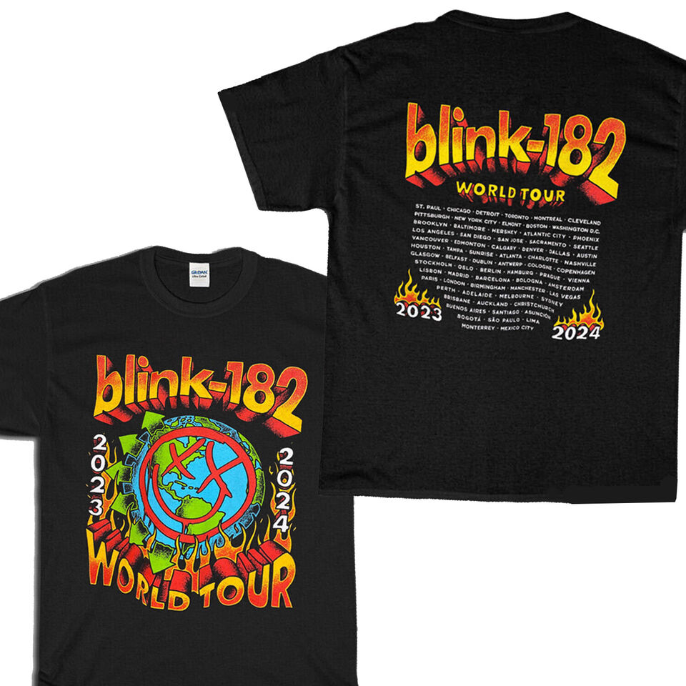 Blink 182 Shirt World Tour 2023 2024 Flames Graphic Band Cotton T-Shirt