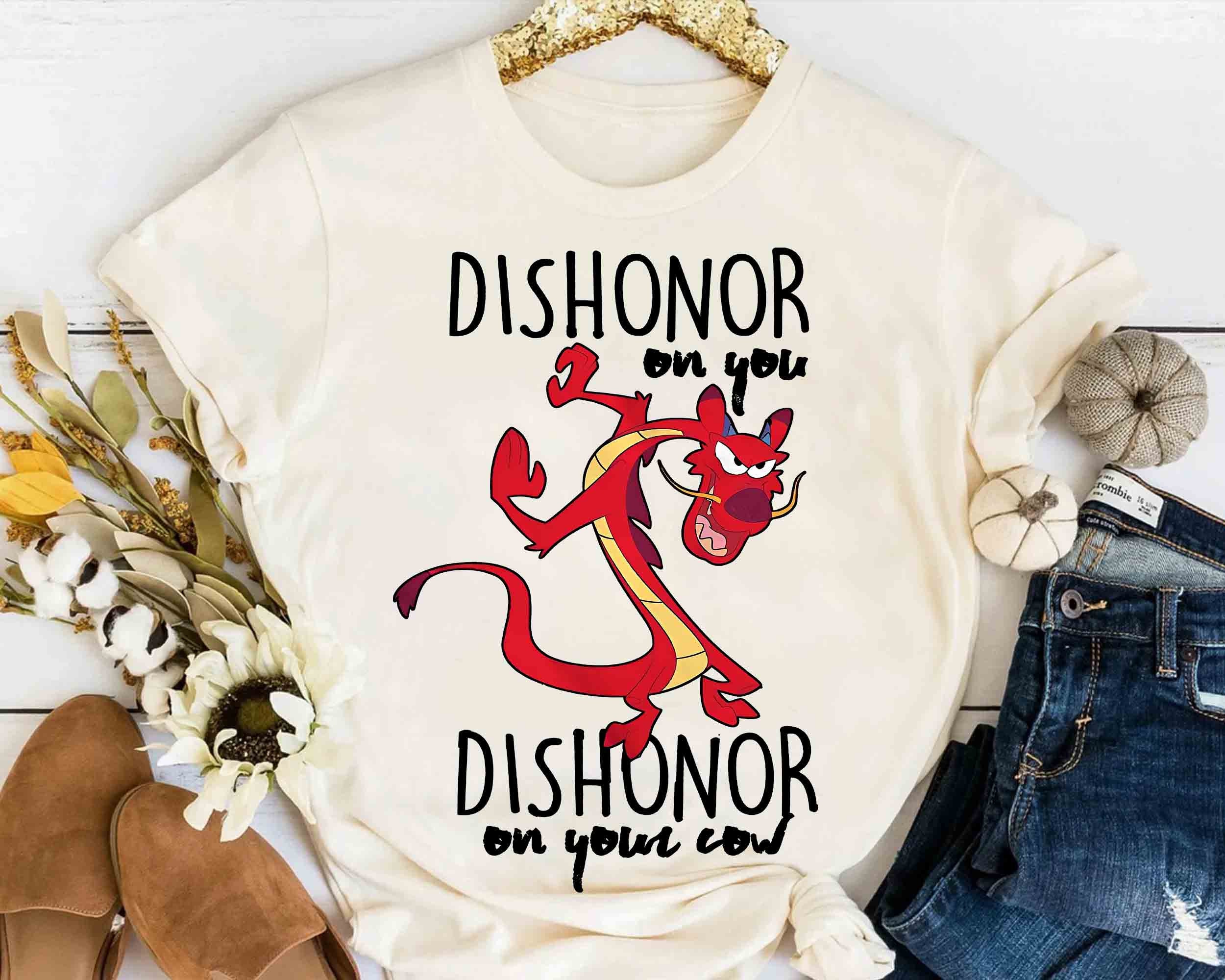 Disney Mulan Funny Mushu Dishonor On Your Cow Graphic Adult Shirt, Disney Tshirt