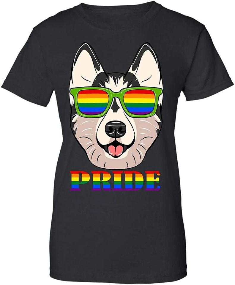 Husky Lgbt Flag Glass T-Shirt Flag Lgbt Rights Gay Pride Month Transgender Pullover (Female T-Shirt; Black)