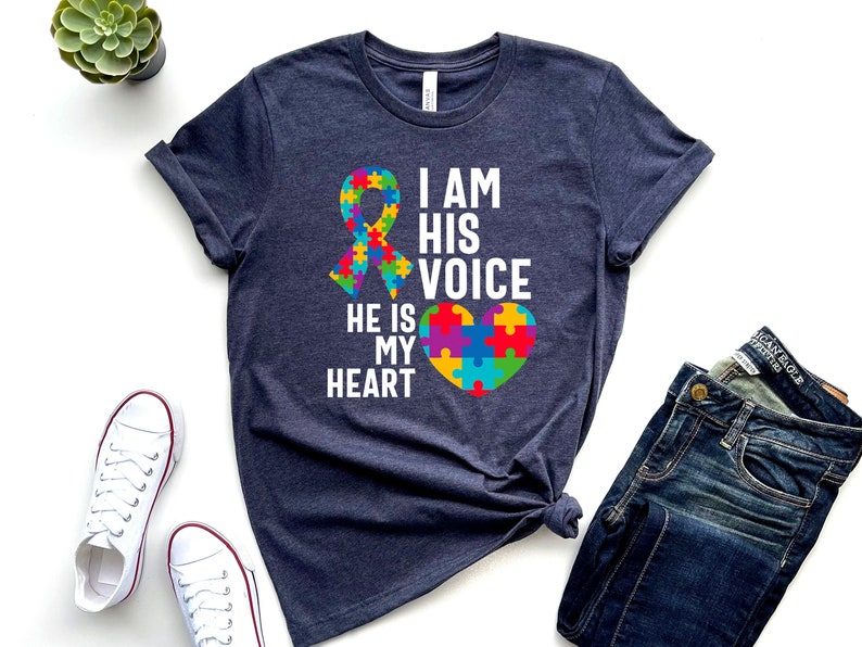I Am His Voice He Is My Heart Shirt, Autism Shirt, Autism Mom Shirt, Proud Mom Shirt, Mama Bear Shirt, Autism Puzzle Shirt, Autism Heart Tee