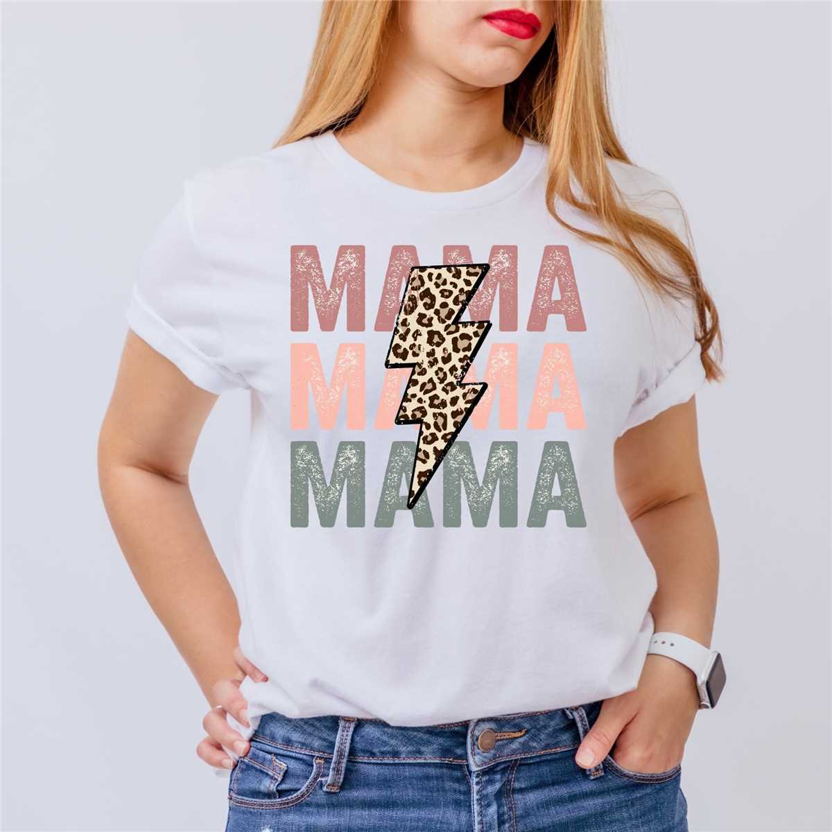 Leopard Print Lightning Bolt Mama Shirt, Mom Shirt, Mama T- Shirt, Premium Shirt