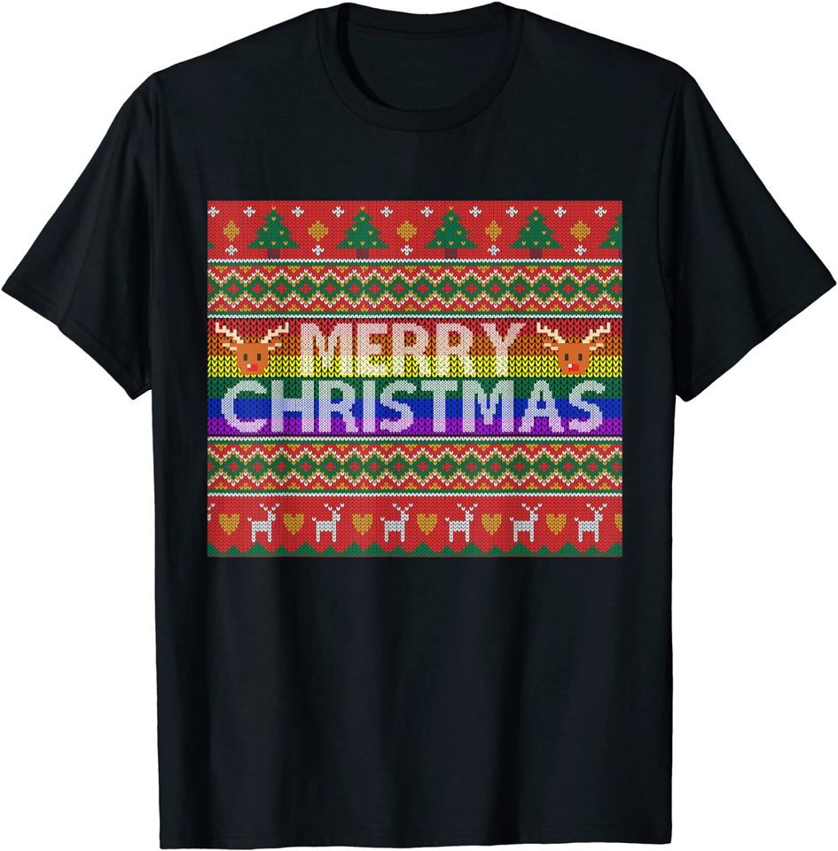 Lgbt Ugly Christmas Sweater Shirt Lesbian Gay Flag Deer T-Shirt