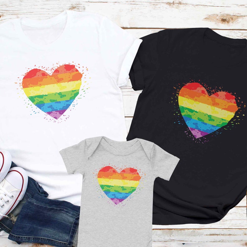 LGBTQ Family Pride Rainbow Heart Matching Shirt, Two Gay Dads, Two Lesbian Moms, LGBTQ Lesbian Family Baby Bodysuit, Gay Pride Family Shirt