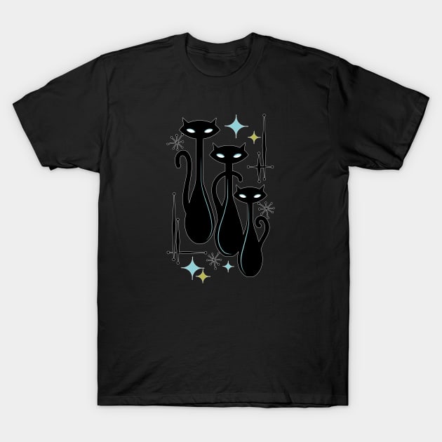 Modern Meows Atomic Age Black Kitschy Cats T-Shirt