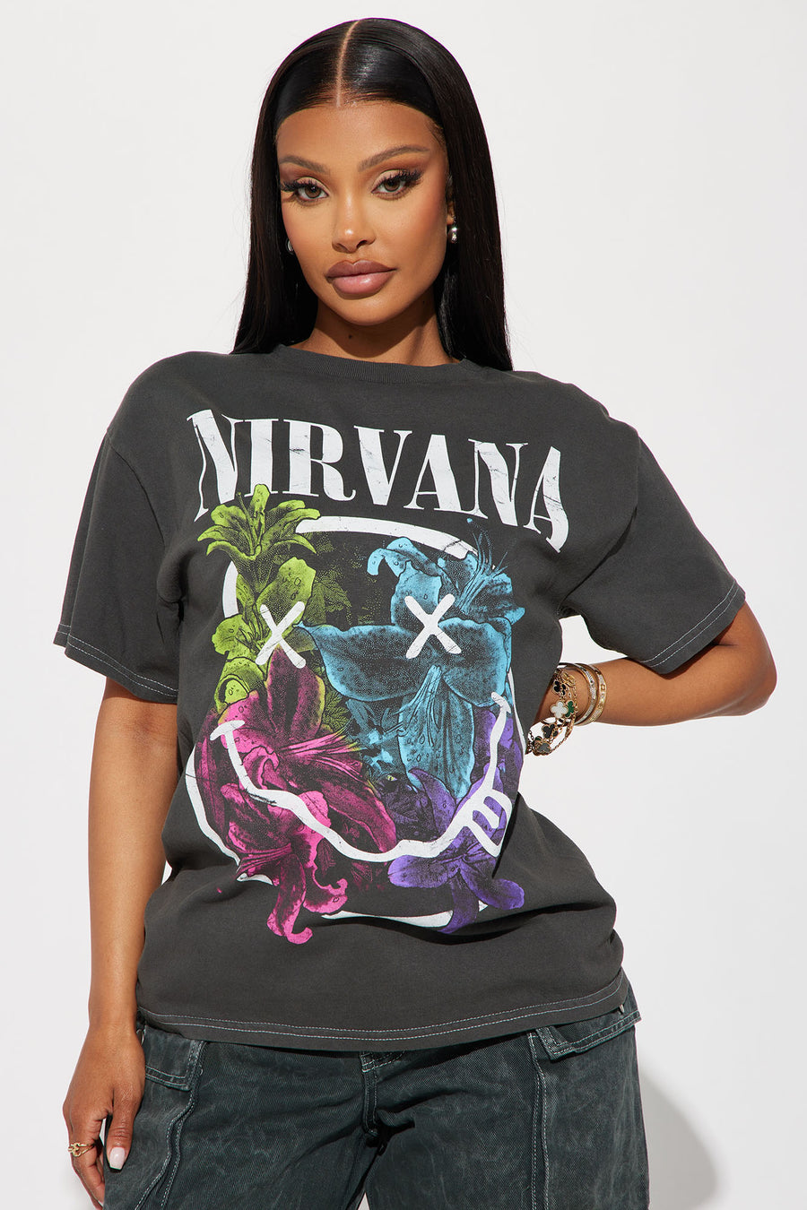 New Nirvana Rainbow Floral Smiley Shirt Black Wash