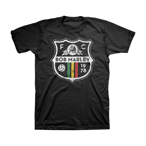 Soft Black T-Shirt Featuring A Bob Marley 1978 Football Club Crest On The Chest